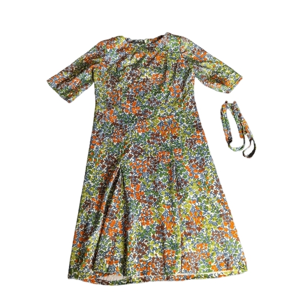 Vintage 70s Leslie Pomer Boho Funky Floral Short Sleeve Belted Day Dress - Picture 5 of 11